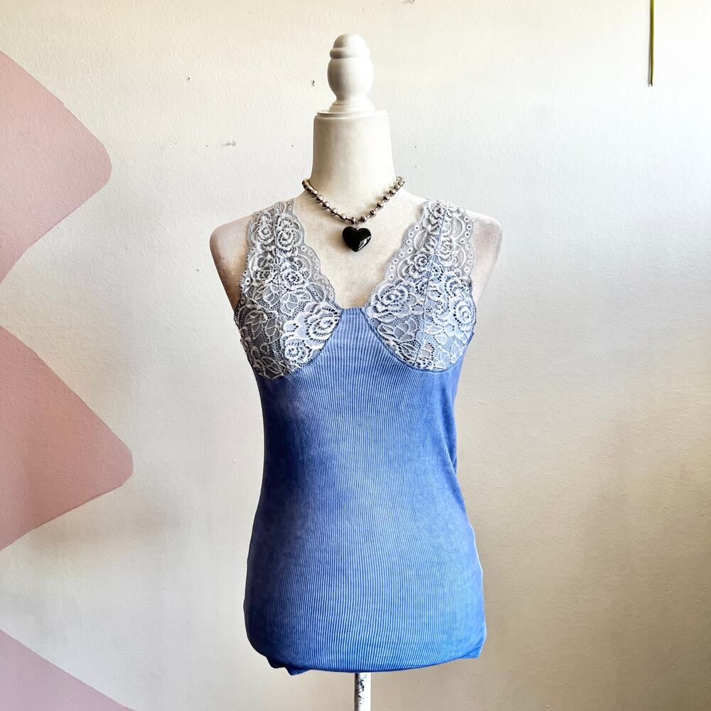 Blue Lace Babydoll Tank Top Y2K 2000s Fairycore Coquette Romantic Small